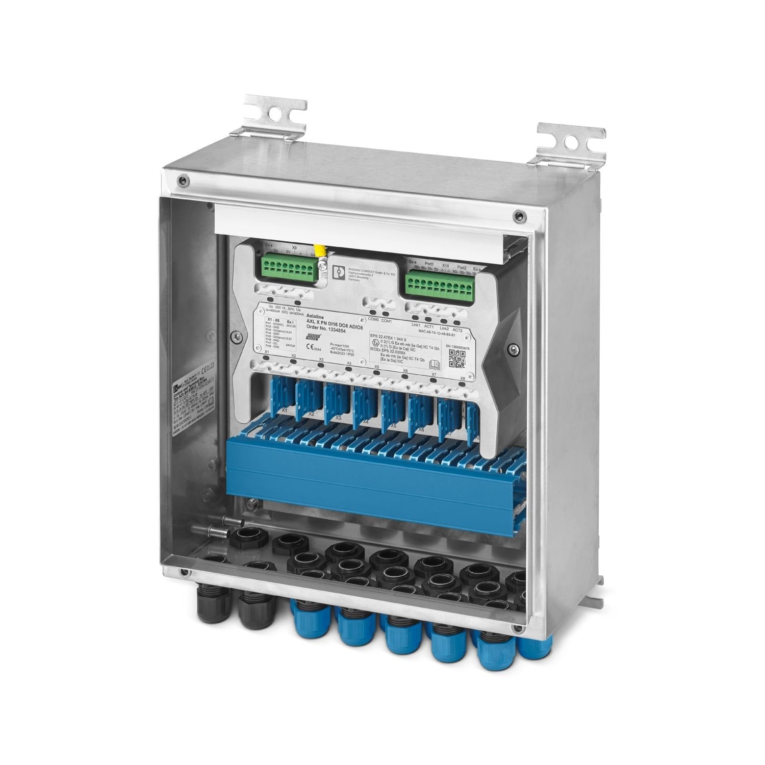 Axioline X remote I/O module, preassembled in a certified housing, for installation in zone 1. PROFINET communication with analog and digital inputs and outputs.