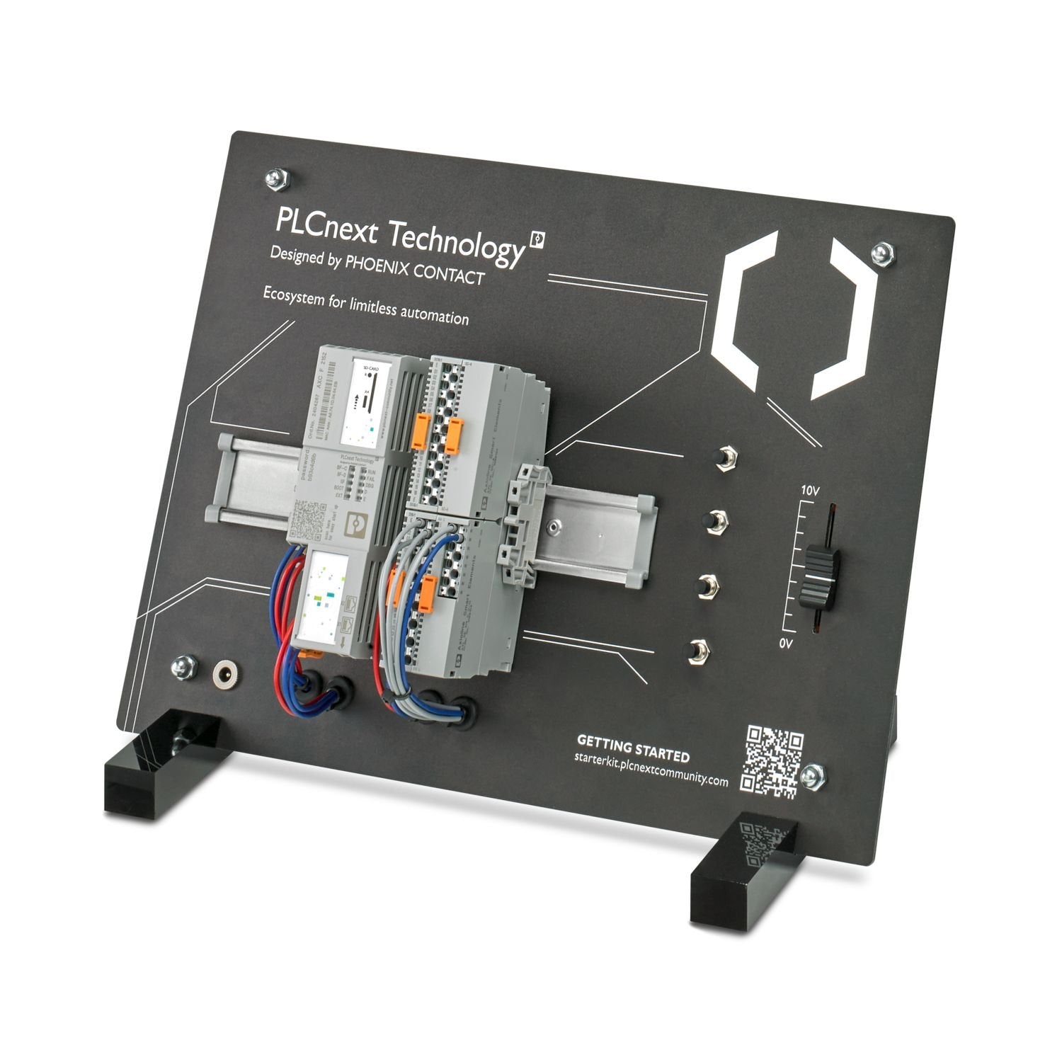 PLCnext Technology Starterkit including PLCnext Control AXC F 2152, AXL Smart Elements DI16/DO16/AI4 I/O modules, slide potentiometer, push buttons, power supply unit, and patch cables.
