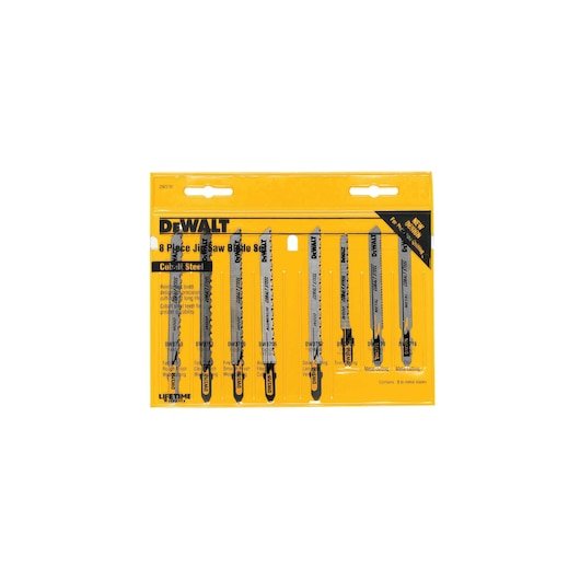 8 pieces T shank jig saw blade set in plastic packaging.