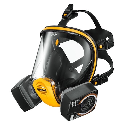 Left front angle of Dewalt Reusable Full Face Mask Respirator with A2P3 Filters