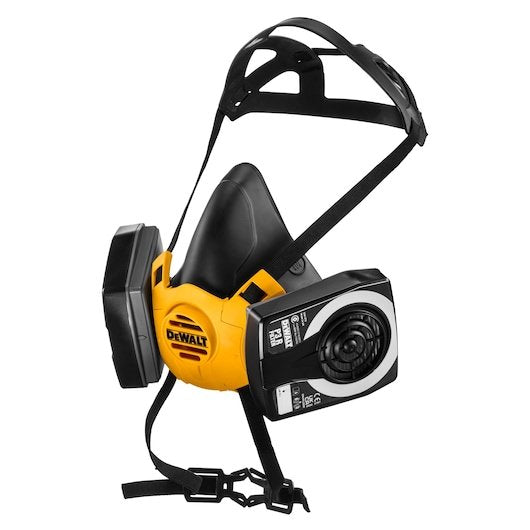 Left front angle of Dewalt Half Face Mask Respirator with P3 Filters