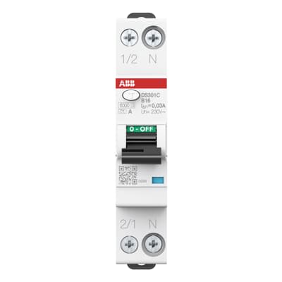 ABB RCBO, 16A Current Rating, 2-Pole, 30 mA Trip Sensitivity, Type A, DS301C Range, 2CSR255163R Range