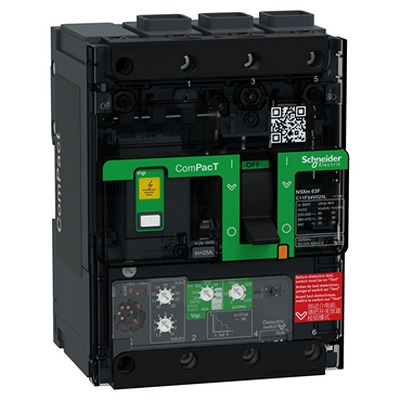 Schneider Electric, ComPacT, NSXm 63F Earth leakage circuit breaker 3-Pole 25A, Breaking Capacity 36 kA, Back Plate,