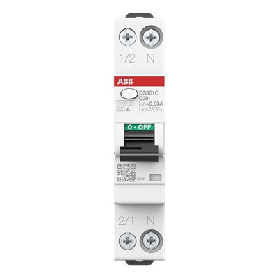 ABB RCBO, 20A Current Rating, 2-Pole, 30 mA Trip Sensitivity, Type A, DS301C Range, 2CSR255163R Range