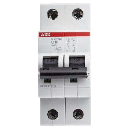 ABB System Pro M Compact S200M Miniature Circuit Breaker, 2-Pole, 10A, Type C, 440V ac AC, 125 V dc DC, 10 kA Breaking