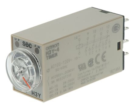 Omron H3Y-4 Series DIN Rail Timer Relay, 4-Contact, 125 V dc 100V ac, 120 V ac, 0.5 to 10 s, 1-Function, 4PDT Switch