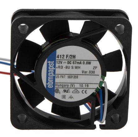 ebm-papst 400 F Series Axial Fan, 12V dc, 9 m³/h, 800 mW, 80 mA Max 40 mm 40mm 10 mm