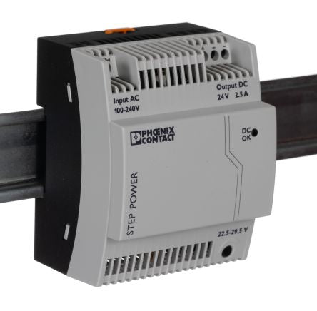 Phoenix Contact STEP-PS/1AC/24DC/2.5 Switched Mode DIN Rail Power Supply 264V ac AC Input 29.5V dc, 2.5 A Output DC 60 W