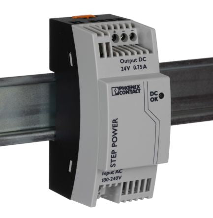 Phoenix Contact STEP-PS/1AC/24DC/0.75 Switched Mode DIN Rail Power Supply 264V ac AC Input 24V dc, 750 mA Output DC 18 W