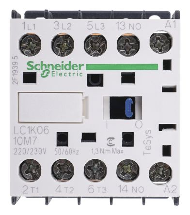 Schneider Electric LC1K Contactor, 220V ac Coil, 3-Pole, 6 A, 3 kW 220V ac, 3 NO, 690V ac