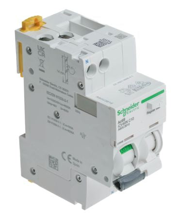 Schneider Electric Residual Current Circuit Breaker with Overload Protection, 10A Current Rating, 1-Pole, 30 mA Trip