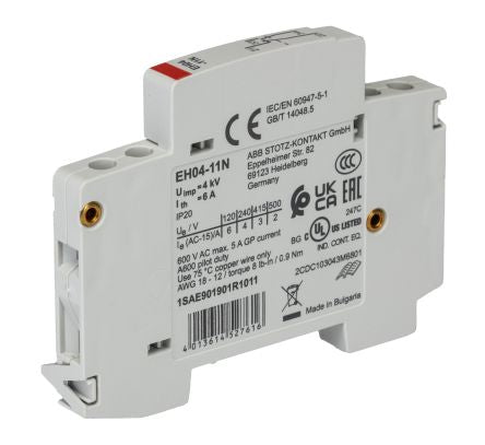 ABB Auxiliary Contact, 1 Contact, 1 NO/1 NC, EH04-11N, Side, 6 A, 500V ac, 1SAE901901R1011