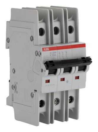 ABB System Pro M Compact SU200 M Miniature Circuit Breaker, 3-Pole, 25A, Type K, 400V ac AC, 400 V dc DC, 10 kA Breaking
