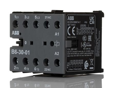 ABB B6-30-01 Contactor, 24V Coil, 3-Pole, 20 A, 4 kW 24V ac, 3 NO