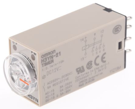 Omron H3YN Series DIN Rail Timer Relay, 2-Contact, 125 V dc 12V ac, 0.1 min to 10 h, Multifunction-Function