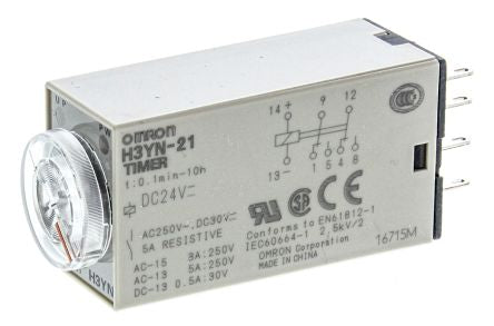 Omron H3YN Series DIN Rail Timer Relay, 2-Contact, 24 V dc 24V ac, 0.1 min to 10 h, Multifunction-Function, DPDT Switch