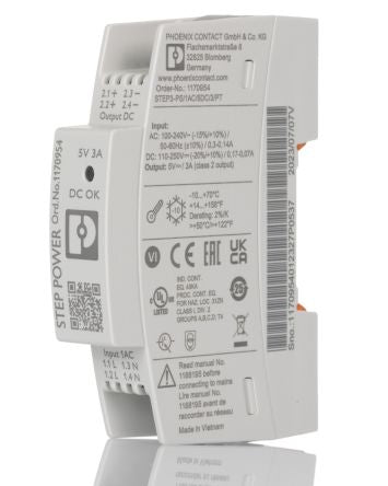 Phoenix Contact STEP POWER Switched Mode DIN Rail Power Supply 240V ac AC Input 5V dc, 3 A Output DC 15 W