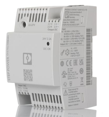 Phoenix Contact STEP POWER Power Supply DIN Rail Power Supply 250V ac AC Input 24V dc, 2.5 A Output DC 60 W