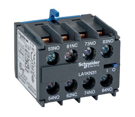 Schneider Electric Auxiliary Contact, 4 Contact, 3 NO/1 NC, LA1K, Screw, DIN Rail, 2 A, 600V ac, LA1KN31