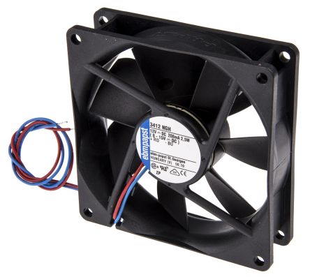 ebm-papst 3400 N Series Axial Fan, 12V dc, 94 m³/h, 2.5 W, 208 mA Max, IP68 92 mm 92mm 25.4 mm