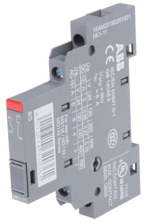 ABB Auxiliary Contact, 2 Contact, 1 NO/1 NC, HK1, Side, 16 A, 220 V dc, 400V ac, 1SAM201902R1001 HK1-11