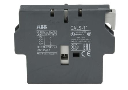 ABB Auxiliary Contact Block, 2 Contact, 1 NO/1 NC, CAL5-11, Side, 6 A, 690V, 1SBN010020R1011