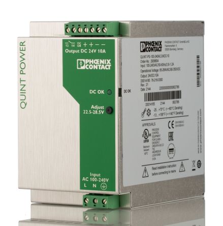 Phoenix Contact QUINT POWER Switched Mode DIN Rail Power Supply, 85 → 264V ac ac Input, 24V dc dc Output, 10A