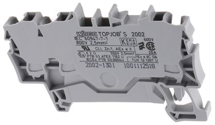 WAGO 2002-1301 Feed Through Terminal Block Grey, 2.5mm², 1-Level, Cage Clamp, IECEx/ATEX