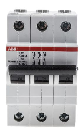 ABB System Pro M Compact S200 Miniature Circuit Breaker, 3-Pole, 32A, Type K, 440V ac AC, 20 kA Breaking Capacity