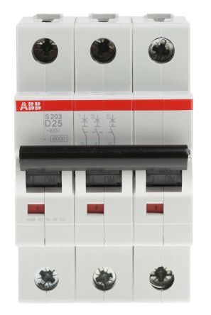ABB System Pro M Compact S200 Miniature Circuit Breaker, 3-Pole, 25A, Type D, 440V ac AC, 12 V dc DC, 6 kA Breaking