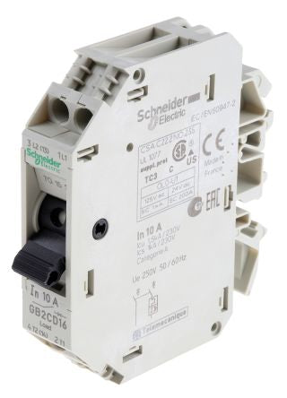 Schneider Electric TeSys GB2 Thermal Circuit Breaker - 1-Pole, DIN Rail, 10A Current Rating, 1.5 kA, 110V ac, 48 V dc
