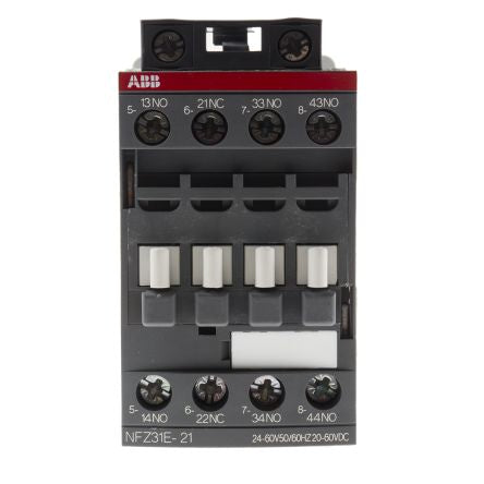 ABB NF Contactor Relay, 20V ac/dc, 60 V ac/dc Coil, 4-Pole, 6 A, 1500 kW 60V dc, 3 NO/1 NC, 690V ac