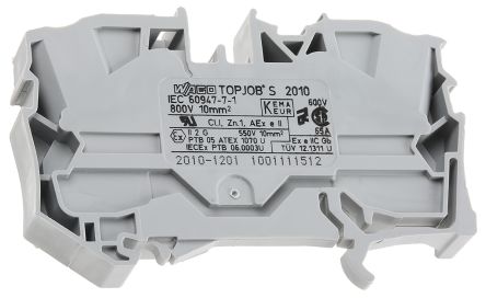 WAGO 2010-1201 Feed Through Terminal Block Grey, 10mm², 1-Level, Cage Clamp, IECEx/ATEX