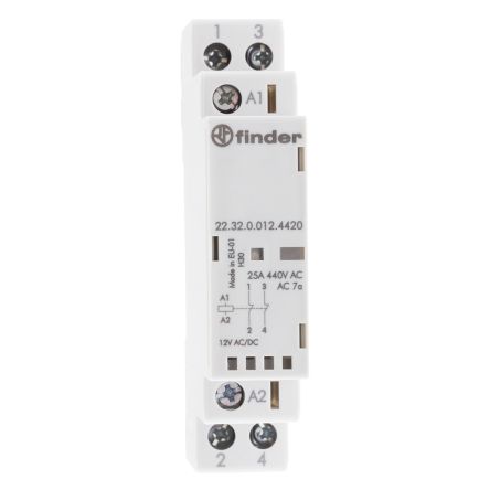 Finder 22 Contactor, 12V dc Coil, 2-Pole, 25 A, 1.25 W 12V ac, 2 NC, 250 V dc, 440V ac