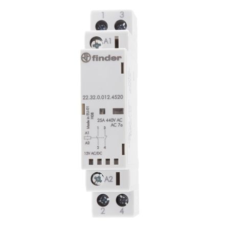 Finder 22 Contactor, 12V dc Coil, 2-Pole, 25 A, 2.2 W 12V dc, 1 NO/1 NC, 250 V dc, 440V ac