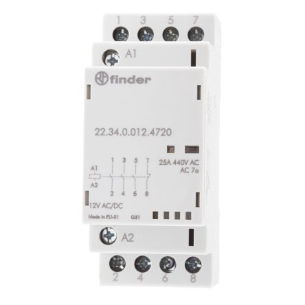 Finder 22 Contactor, 12V dc Coil, 4-Pole, 25 A, 4 kW 12V dc, 3 NO/1 NC, 250 V dc, 440V ac
