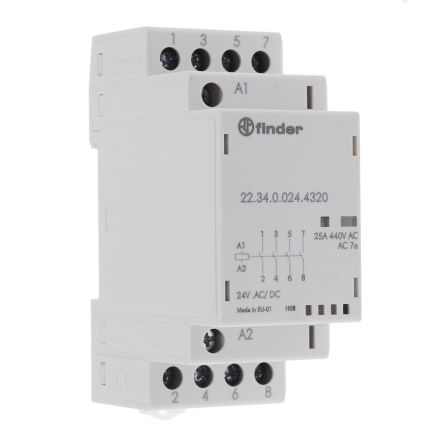 Finder 22 Contactor, 24V ac/dc Coil, 4-Pole, 25 A, 2 NO, 440V