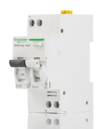 Schneider Electric Residual Current Circuit Breaker with Overload Protection, 25A Current Rating, 1-Pole, 30 mA Trip