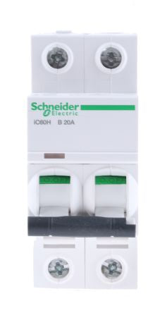 Schneider Electric Acti9 iC60H Miniature Circuit Breaker, 2-Pole, 20A, Type B, 12V, 133 V, 220 V, 240 V, 380 V, 415 V,