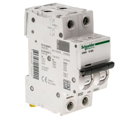 Schneider Electric Acti9 iC60H Miniature Circuit Breaker, 2-Pole, 32A, Type B, 12V, 133 V, 220 V, 240 V, 380 V, 415 V,