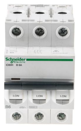 Schneider Electric Acti9 iC60H Miniature Circuit Breaker, 3-Pole, 6A, Type B, 12V, 133 V, 220 V, 240 V, 380 V, 415 V,