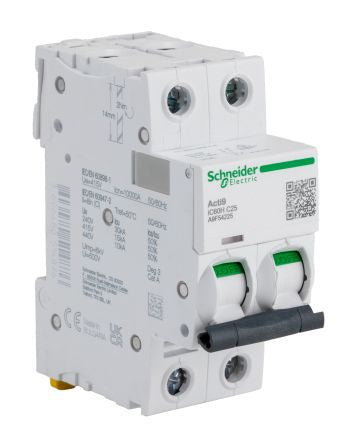 Schneider Electric Acti9 iC60H Miniature Circuit Breaker, 2-Pole, 25A, Type C, 12V, 133 V, 220 V, 240 V, 380 V, 415 V,