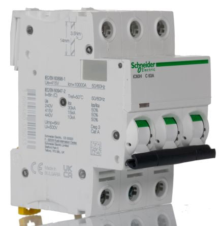 Schneider Electric Acti9 iC60H Miniature Circuit Breaker, 3-Pole, 63A, Type C, 12V, 133 V, 220 V, 240 V, 380 V, 415 V,
