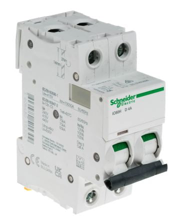 Schneider Electric Acti9 iC60H Miniature Circuit Breaker, 2-Pole, 4A, Type D, 12V, 133 V, 220 V, 240 V, 380 V, 415 V,