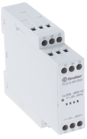 Finder Monitoring Relay, 3 Phase, DPDT, DIN Rail, 480V ac