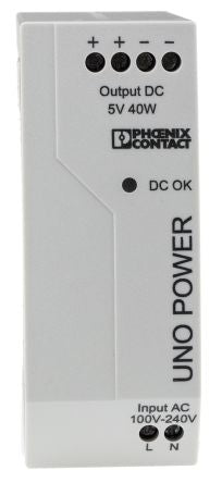 Phoenix Contact UNO POWER Switched Mode DIN Rail Power Supply 264V ac AC Input 5V dc, 8 A Output DC 40 W