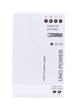 Phoenix Contact UNO POWER Switched Mode DIN Rail Power Supply 264V ac AC Input 24V dc, 3.75 A Output DC 90 W