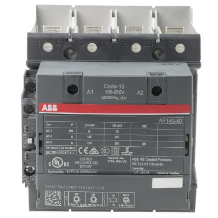 ABB AF116 Contactor, 230V ac Coil, 4-Pole, 200 A, 75 kW 250V, 4 NO, 690V ac