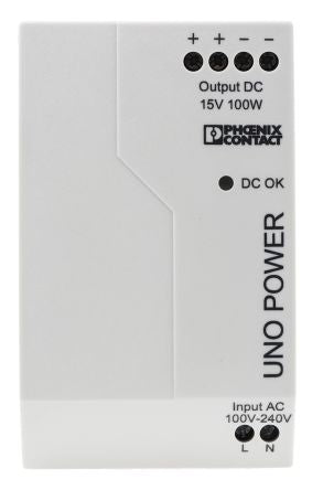 Phoenix Contact UNO POWER Switched Mode DIN Rail Power Supply 264V ac AC Input 15V dc, 6.67 A Output DC 100 W