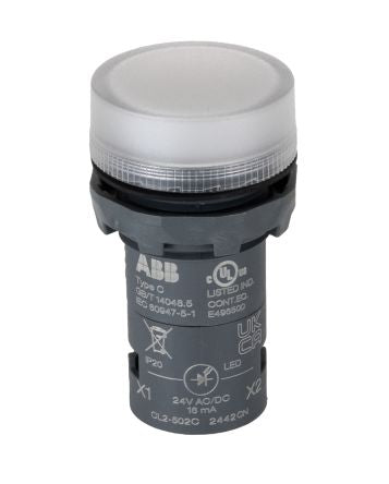 ABB, CL2-523, Panel Mount White LED Pilot Light, 22 mm Cutout, IP66, IP69K, IP20, IP67, Round, 24V